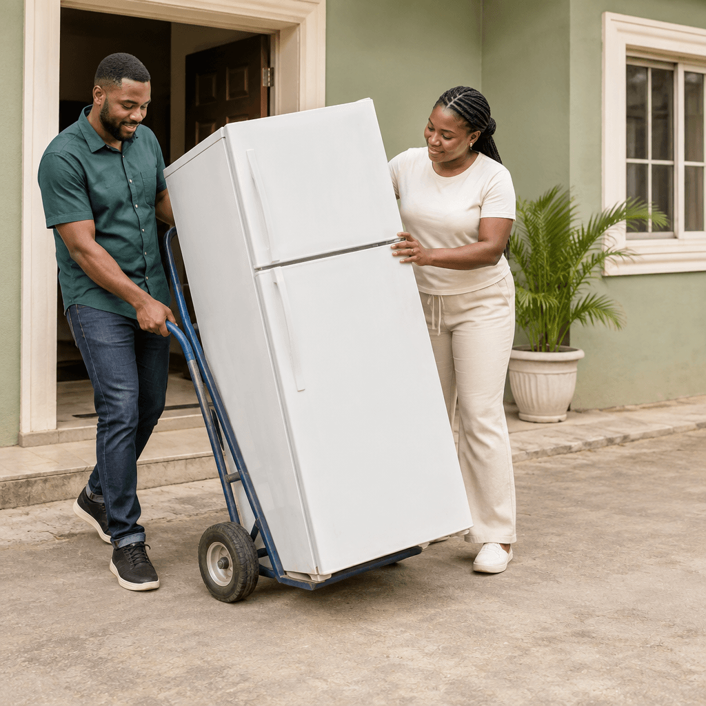 Two neighbors helping move a fridge outside a home.